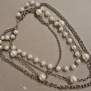 #Vintage #Faux #Pearl multi strand Silver tone Link Chain Necklace
